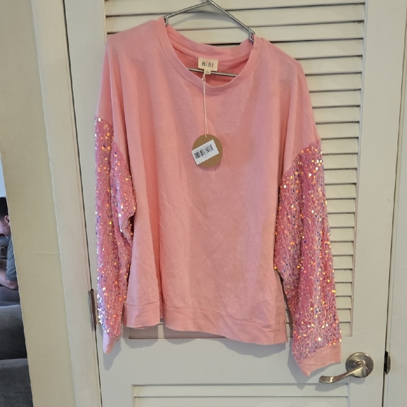 BiBi Tops - BiBi Pink Pink Sequin Sleeve Top sz L